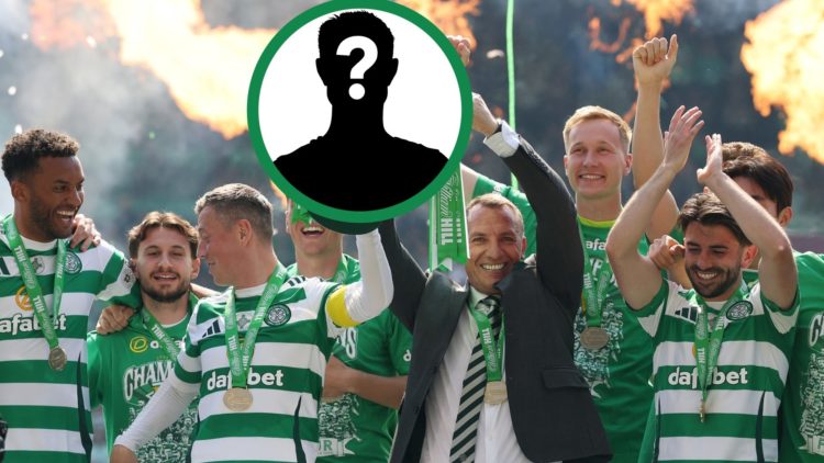 Celtic manager Brendan Rodgers lifts the Premiership title, including an inset of a mystery player.