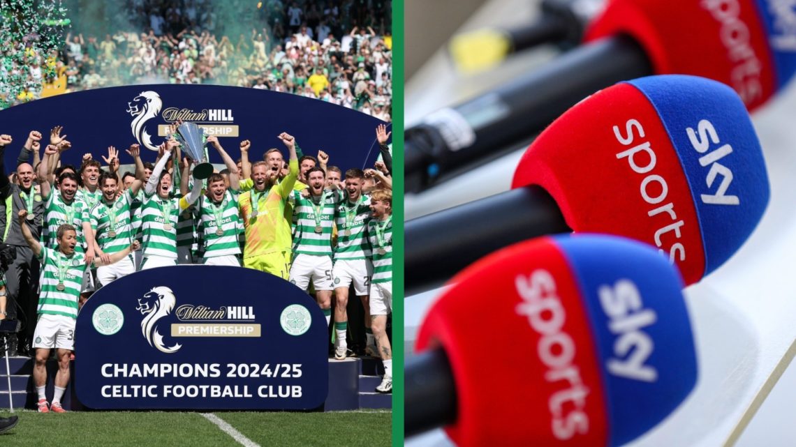 A split image of the Celtic players lifting the 2024/25 Premiership title, as well as a selection of Sky Sports microphones.