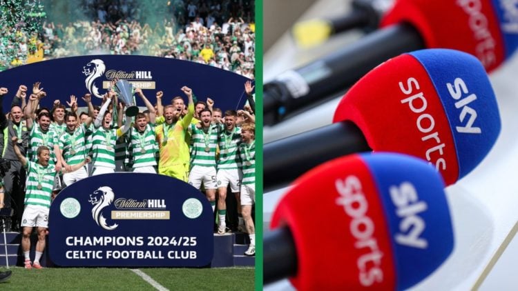 A split image of the Celtic players lifting the 2024/25 Premiership title, as well as a selection of Sky Sports microphones.