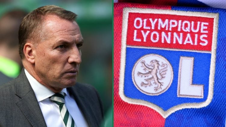 Brendan Rodgers before Celtic's Scottish Premiership clash vs St Mirren, a detailed view of the Lyon badge on the front of a shirt