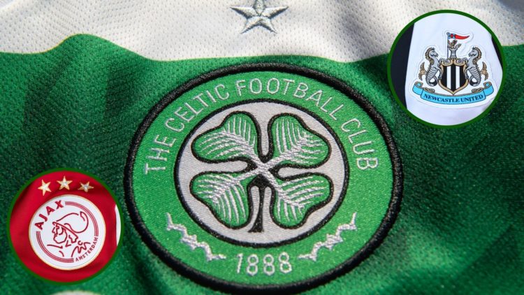 Image of the Celtic badge with Newcastle United and Ajax badges as an overlay