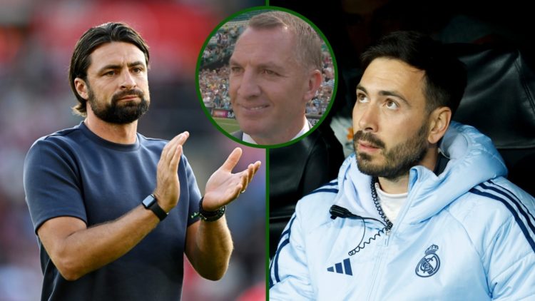 Celtic boss Brendan Rodgers speaking on Trophy Day at Celtic Park overlaying split image of Real Madrid coach Davide Ancelotti and former Southampt...
