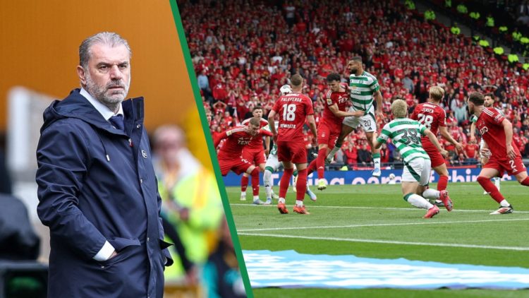 A split image of Ange Postecoglou as the manager of Tottenham Hotspur and Cameron Carter-Vickers scoring for Celtic against Aberdeen in the Scottis...