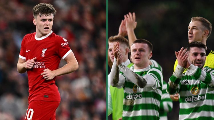 Ben Doak in action for Liverpool during a Carabao Cup tie against Leicester City, Ben Doak applauds the Celtic fans after they beat Rangers