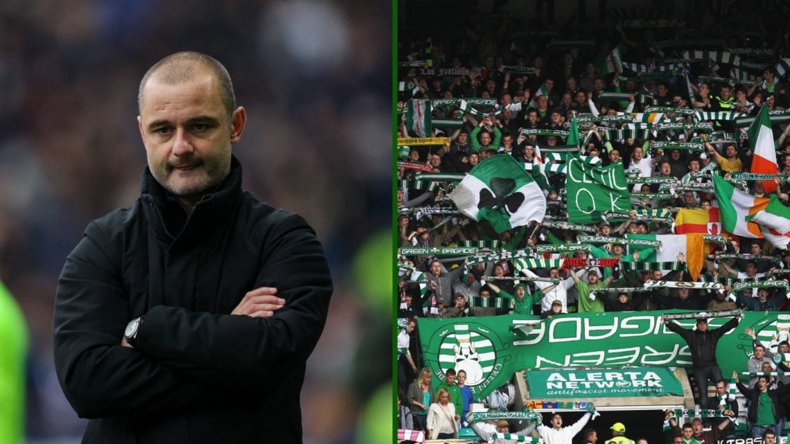 Split image of ex-Wigan manager Shaun Maloney and the Celtic fans celebrating at Celtic Park.