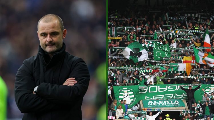 Split image of ex-Wigan manager Shaun Maloney and the Celtic fans celebrating at Celtic Park.