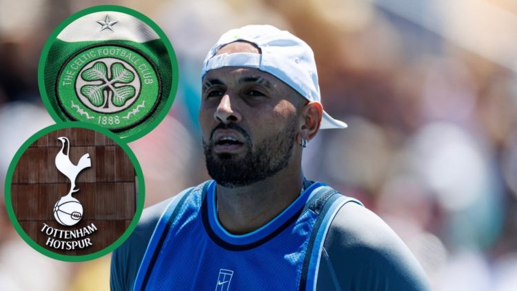 Tennis star Nick Kyrgios in action at the Miami open, including insets of the Celtic and Tottenham badges.