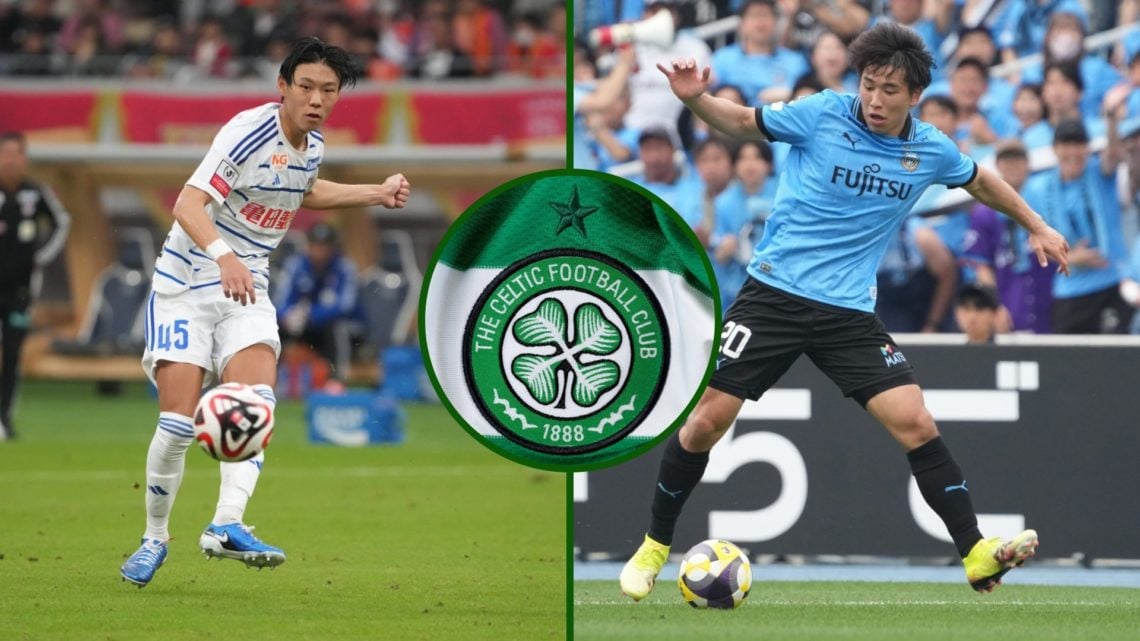 Split image of Albirex Niigata's Hayato Inamura and Kawasaki Frontale's Shin Yamada as they make their appearance in the J League with an overlay o...