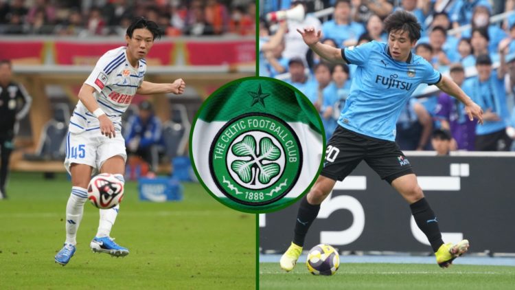 Split image of Albirex Niigata's Hayato Inamura and Kawasaki Frontale's Shin Yamada as they make their appearance in the J League with an overlay o...