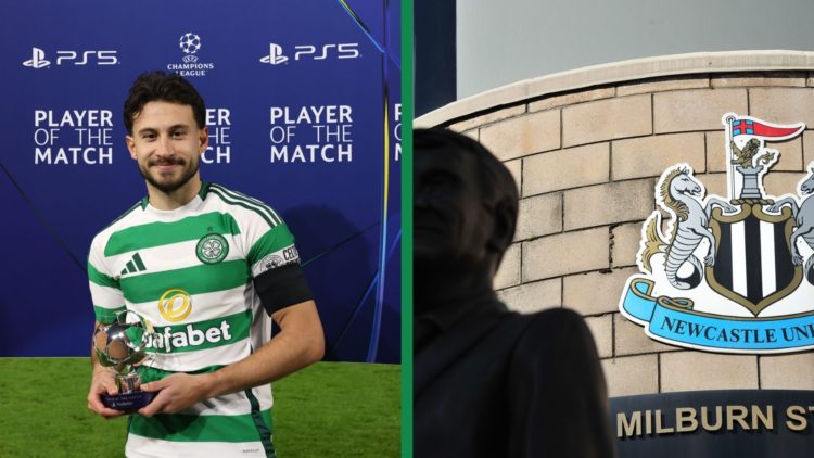 A split image of Nicolas Kuhn winning the Man of the Match award for Celtic against RB Leipzig and an outside view of Newcastle United's St James' ...