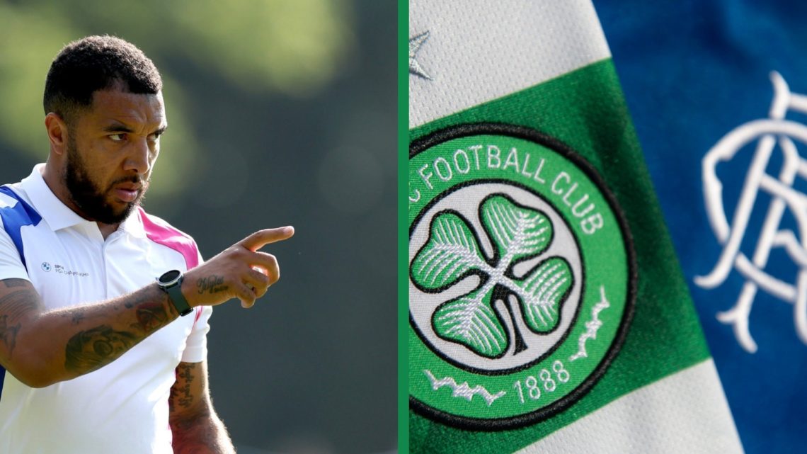 A split image of Troy Deeney at the BMW PGA Championship 2024, including the badges of Celtic and Rangers.