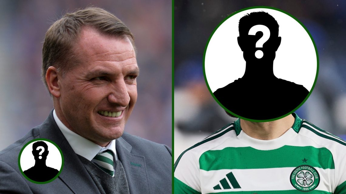 Split image of Celtic manager Brendan Rodgers and Celtic winger Nicolas Kuhn appearing in the Champions League with an overlay of a mystery Celtic ...