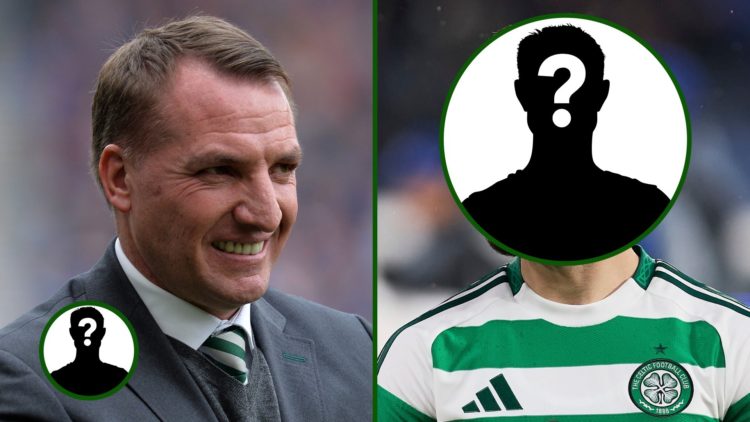 Split image of Celtic manager Brendan Rodgers and Celtic winger Nicolas Kuhn appearing in the Champions League with an overlay of a mystery Celtic ...