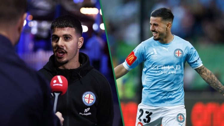 Marco Tilio speaks to the media before the A-League Grand Final, Marco Tilio celebrates scoring for Melbourne City