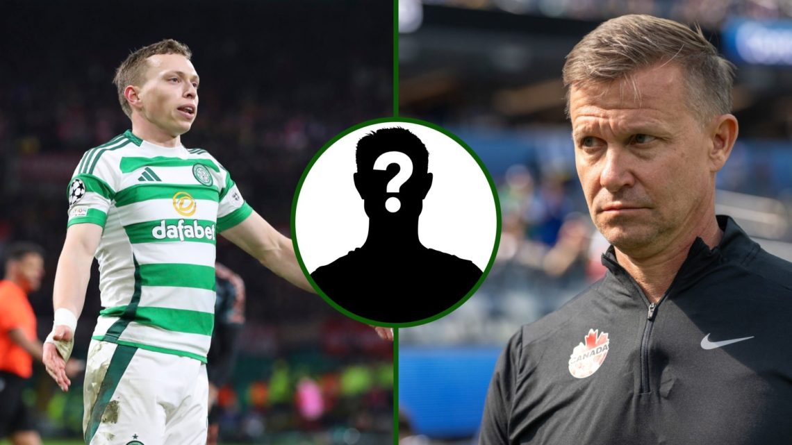 Split image of Alistair Johnston in action for Celtic in the Champions League and Canada boss Jesse Marach as he takes on the USA in the CONCACAF N...