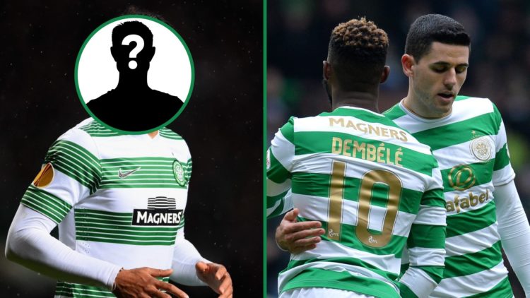 Celtic's Virgil van Dijk with mystery overlay covering face left and Celtic stars Moussa Dembele & Tom Rogic celebrate together right