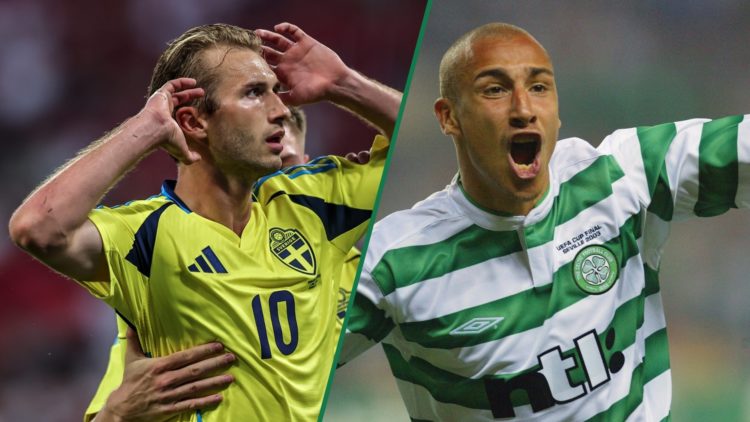 Benjamin Nygren celebrates scoring for Sweden in their international friendly, Henrik Larsson wheels away in celebration after scoring for Celtic i...