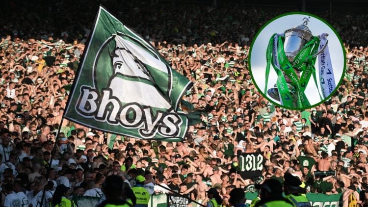 Image of Celtic fans enjoying at the Scottish Cup Final vs Aberdeen at Hampden in May 2025 with an overlay of the Scottish Cup trophy.