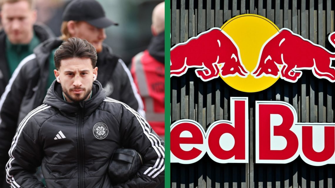 A split image of Nicolas Kuhn arriving for Celtic's clash against St Mirren and the Red Bull brand ahead of the F1 Spanish Grand Prix.