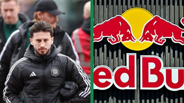 A split image of Nicolas Kuhn arriving for Celtic's clash against St Mirren and the Red Bull brand ahead of the F1 Spanish Grand Prix.
