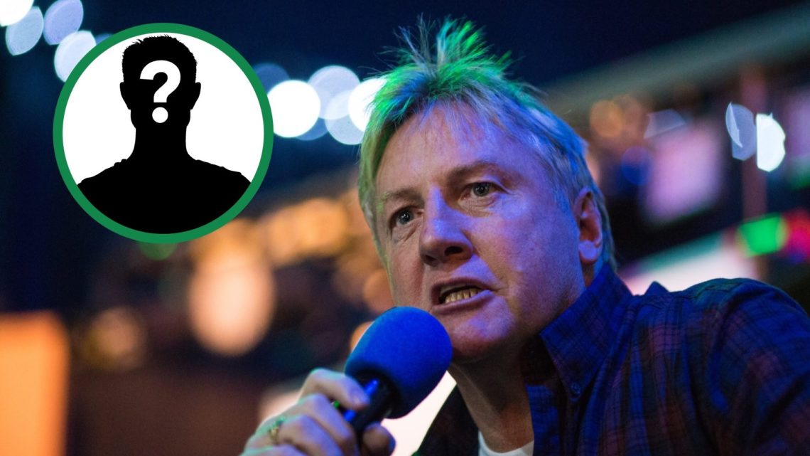 Former Celtic player Frank McAvennie speaking at a West Ham United event, including an inset of a mystery player.