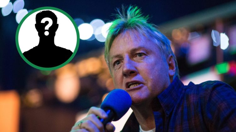 Former Celtic player Frank McAvennie speaking at a West Ham United event, including an inset of a mystery player.