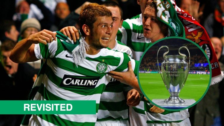 Massimo Donati celebrates his winning goal for Celtic in the Champions League tie against Shakhtar Donetsk, An inset of a generic view of the Champ...
