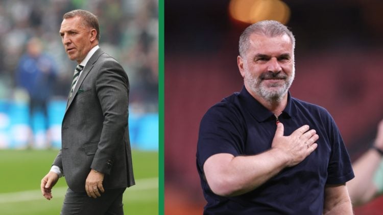 A split image of Brendan Rodgers as the manager of Celtic and Ange Postecoglou acknowledging the Tottenham fans.