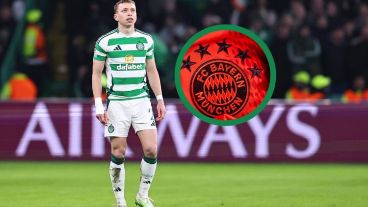 Alistair Johnston in action for Celtic in the Champions League, including an inset of the Bayern Munich badge.