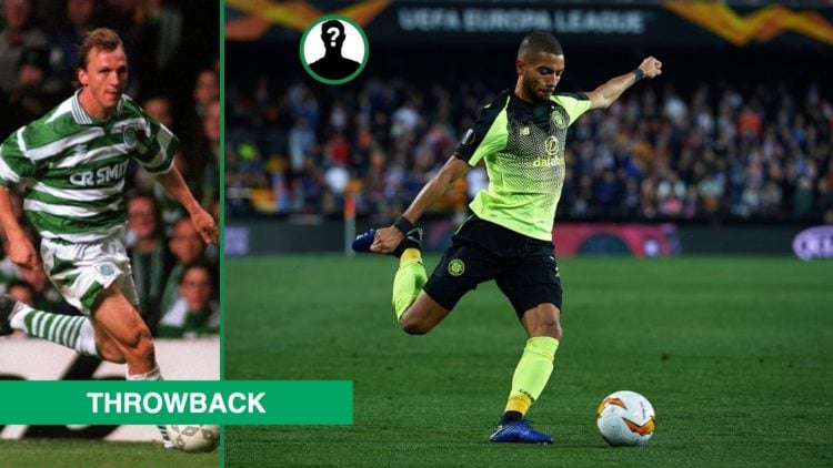 Andreas Thom on the ball for Celtic at Celtic Park left and Jeremy Toljan playing for Celtic in the Europa League with mystery overlay covering his...