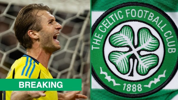Benjamin Nygren celebrating his goal for Sweden left and Celtic badge shown on 2024/25 home jersey right