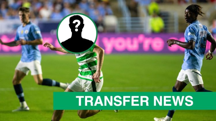 Matthew Anderson on the ball during a pre-season game for Celtic vs Manchester City with mystery overlay covering his face