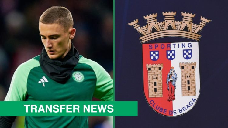 Celtic's Gustaf Lagerbielke warming up before a Champions League game left and SC Braga badge shown at Napoli's stadium right