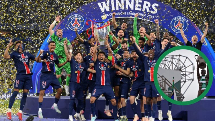PSG lift the Champions League trophy after beating Inter in the final in Munich, including an inset of Celtic legend Billy McNeill lifting the Euro...
