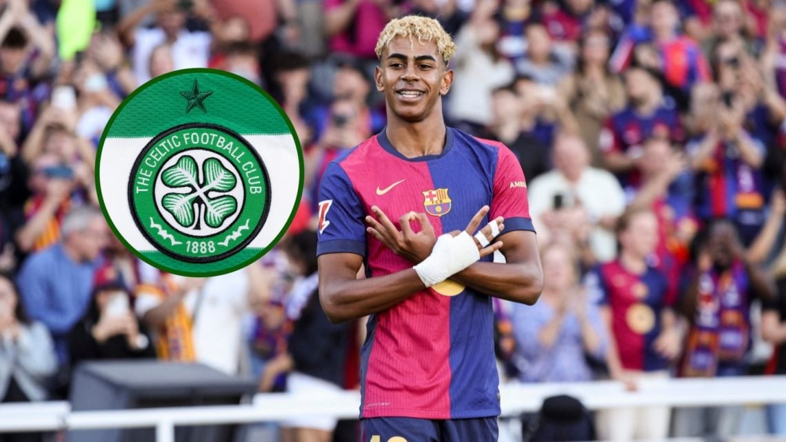 Image of Barcelona superstar Lamine Yamal with an overlay of a Celtic badge.