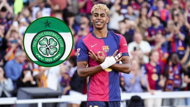 Image of Barcelona superstar Lamine Yamal with an overlay of a Celtic badge.