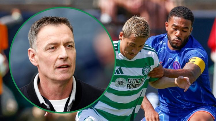Chris Sutton at Hampden Park left inset and Daizen Maeda battles for the ball with Reece James during Celtic vs Chelsea in 2024 right