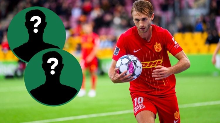 Benjamin Nygren of FC Nordsjaelland in action during the 3F Superliga match between FC Nordsjaelland and Viborg FF, two insets of mystery players