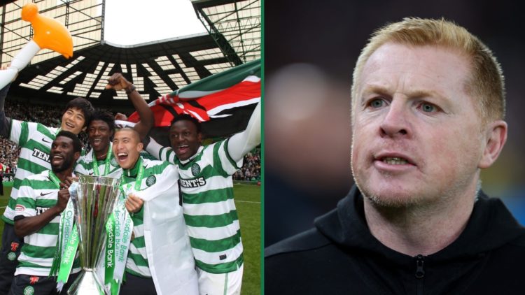 Ki Sung-yueng poses with his Celtic teammates after winning the Scottish Premiership in May 2012, Neil Lennon watches on as Omonia manager during t...
