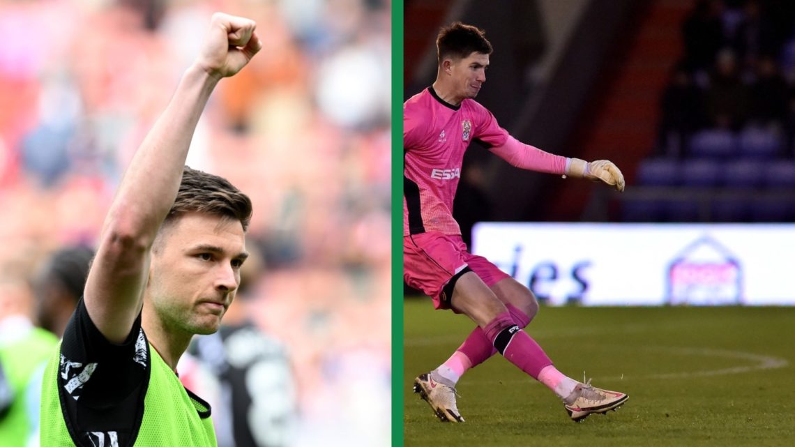 A split image of Celtic hero Kieran Tierney raising his hands towards the Arsenal fans and Ross Doohan in action for Tranmere Rovers against Oldham.