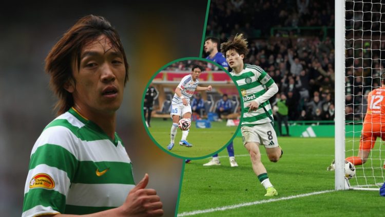 Shunsuke Nakamura in action for Celtic during a Scottish Premiership game against Hearts, an inset of Hayato Inamura in action for Albirex Niigata,...
