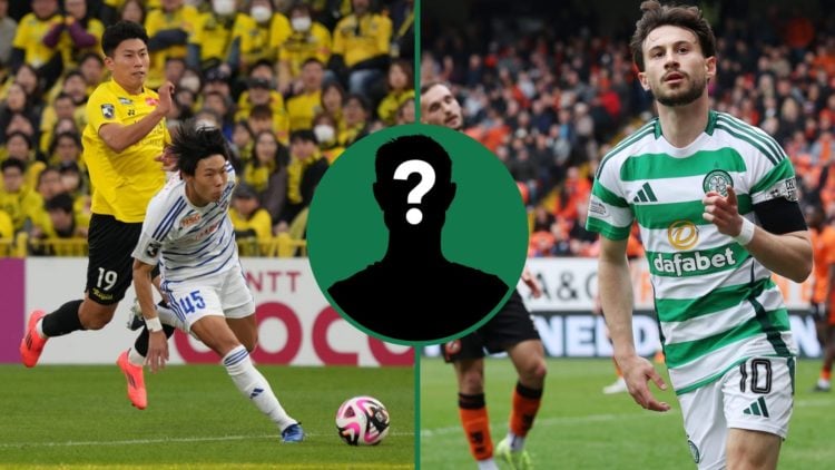 Hayato Inamura fends off a challenge during Albirex Niigata's J League game, an inset of a mystery man, Nicolas Kuhn celebrates scoring for Celtic ...
