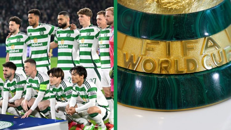A split image of Alistair Johnston posing with the Celtic players in a team photo, and a close-up of the FIFA World Cup.