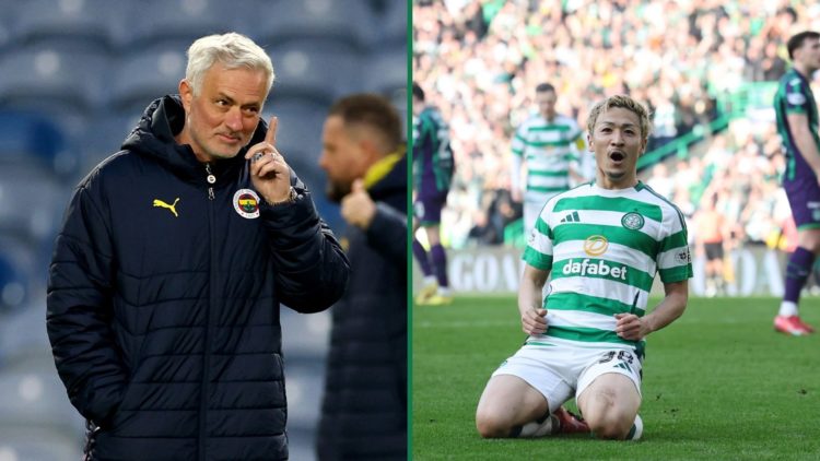Jose Mourinho, Fenerbahce's head coach, leads a training session with his team, Daizen Maeda celebrates his goal for Celtic against Hibernian in th...