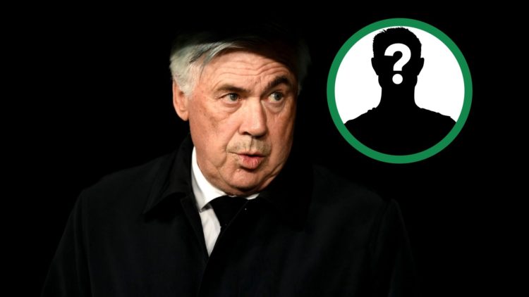 Real Madrid's legendary manager Carlo Ancelotti looks on, including an inset of a mystery player.