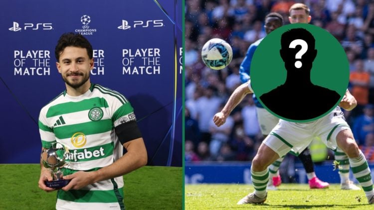 Nicolas Kuhn poses with the player of the match award for Celtic after a Champions League game, Carl Starfelt heads the ball away for Celtic during...