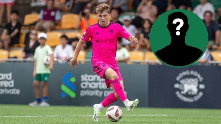 Callum Osmand of Fulham in action during the HKFC Soccer Sevens, an inset of a mystery figure
