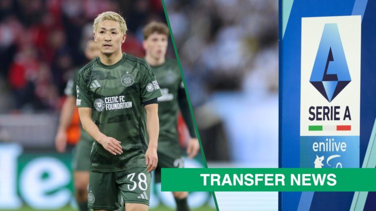 Daizen Maeda looks dejected during Celtic's Champions League game against Bayern Munich, a generic view of the Serie A logo before a league game