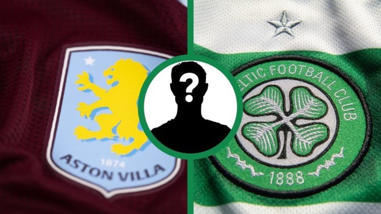 A split image of the badges of Aston Villa and Celtic, including an inset of a mystery player.