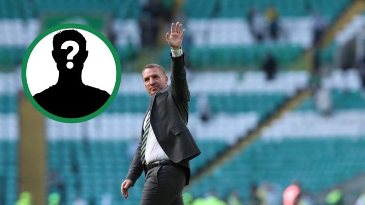Brendan Rodgers waves to the Celtic crowd against Hibernian, including an inset of a mystery player.
